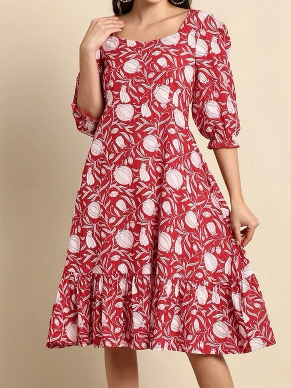 Red Floral Midi Dress with Puff Sleeves